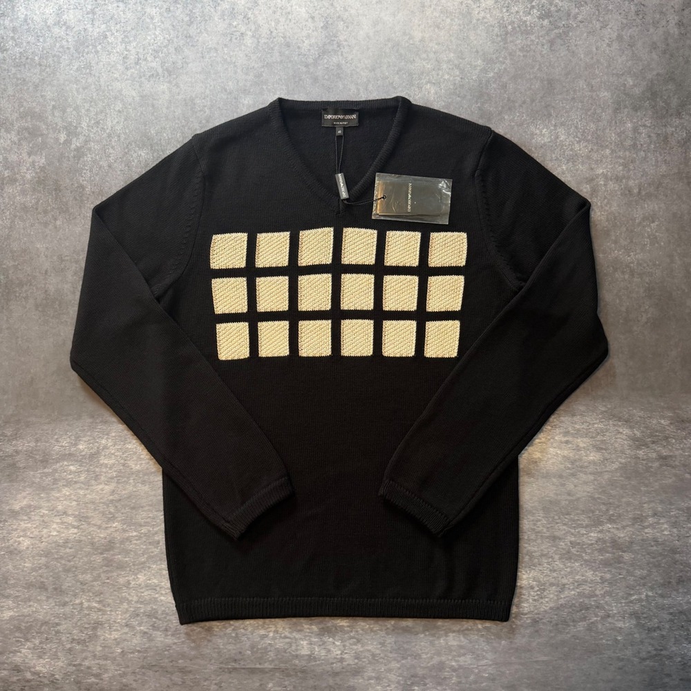 NWT Emporio Armani Black V-Neck Sweater Geometric Grid Block Knit Men Size 40 IT